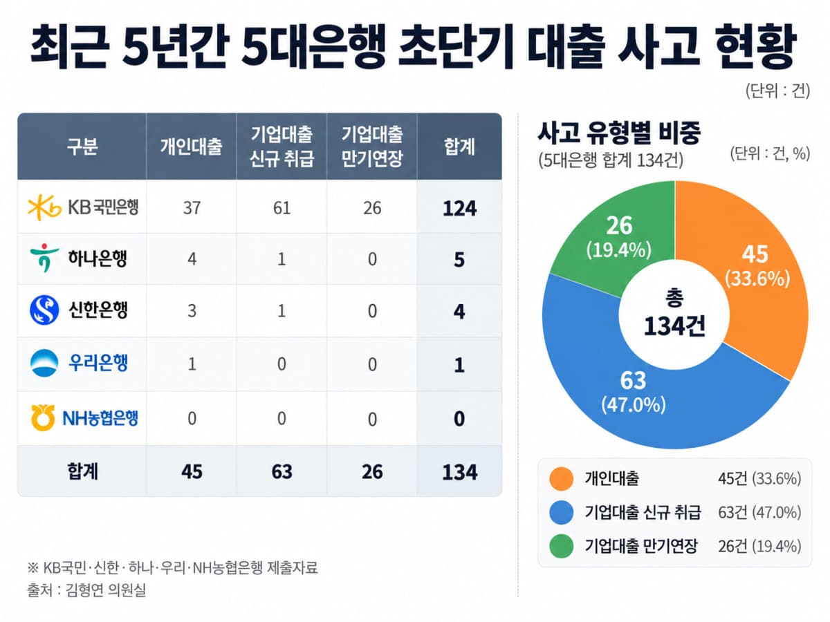 5대 은행 초단기 대출 사고 134건, KB국민 92.5% 집중